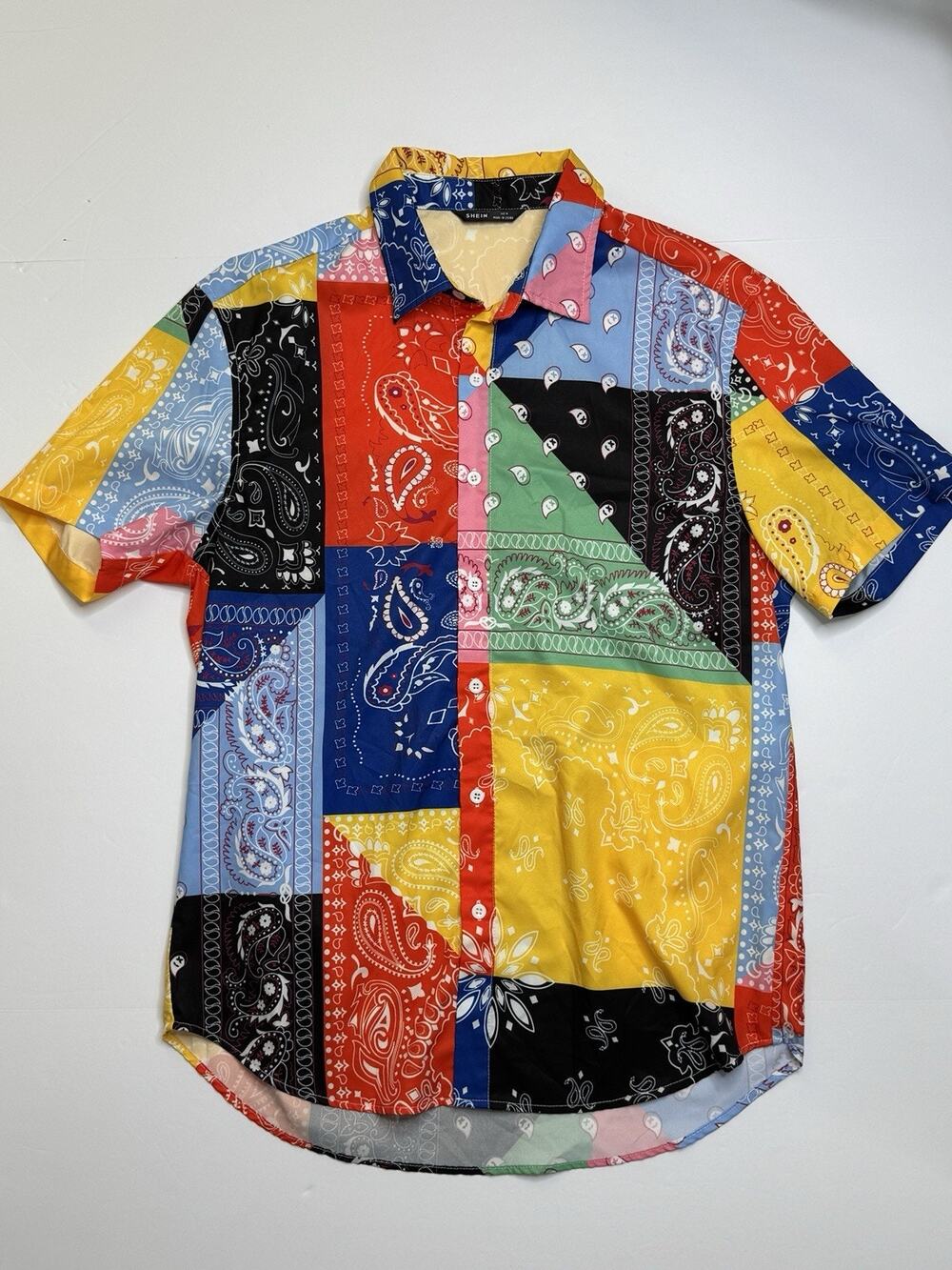 SHEIN Men’s M Multicolor Bandana Paisley Patchwork Short Sleeve Button Up